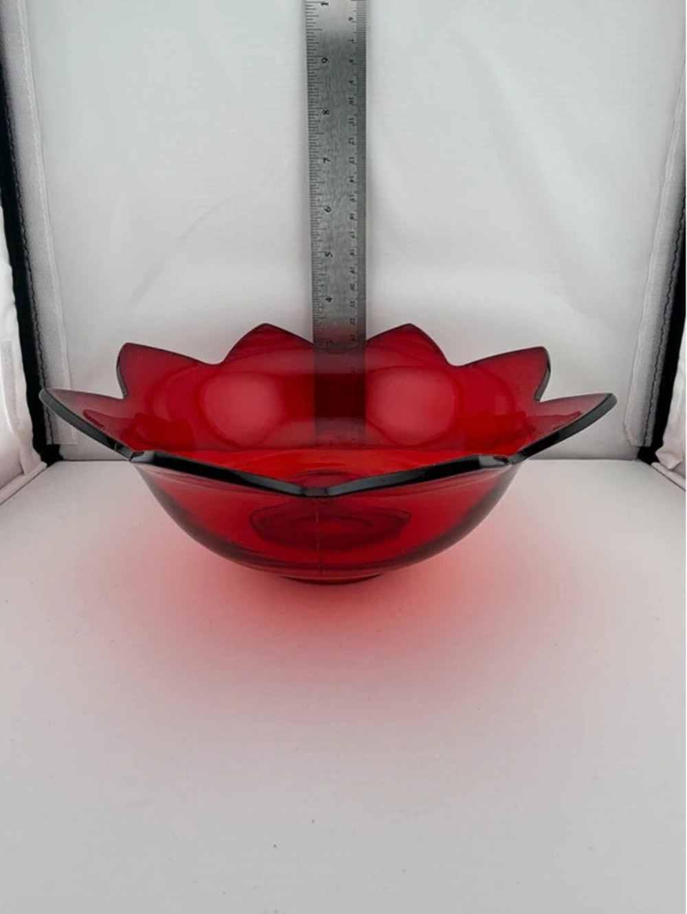 Vintage Ruby Red UV Reactive Art Glass Ruffled Flower Bowl
